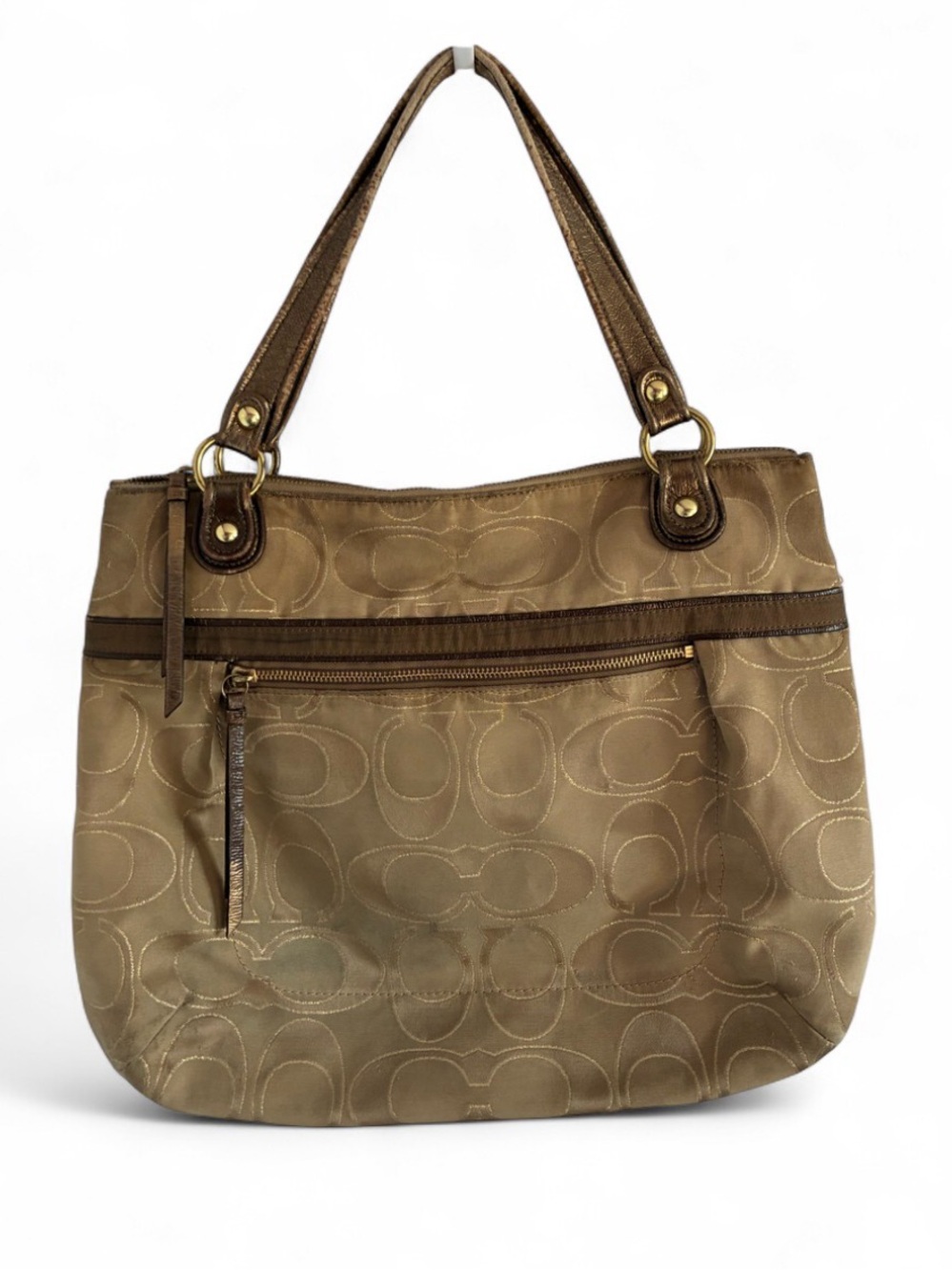 Coach Beige Brown Tan Signature Metallic Glam Shoulder Large Tote